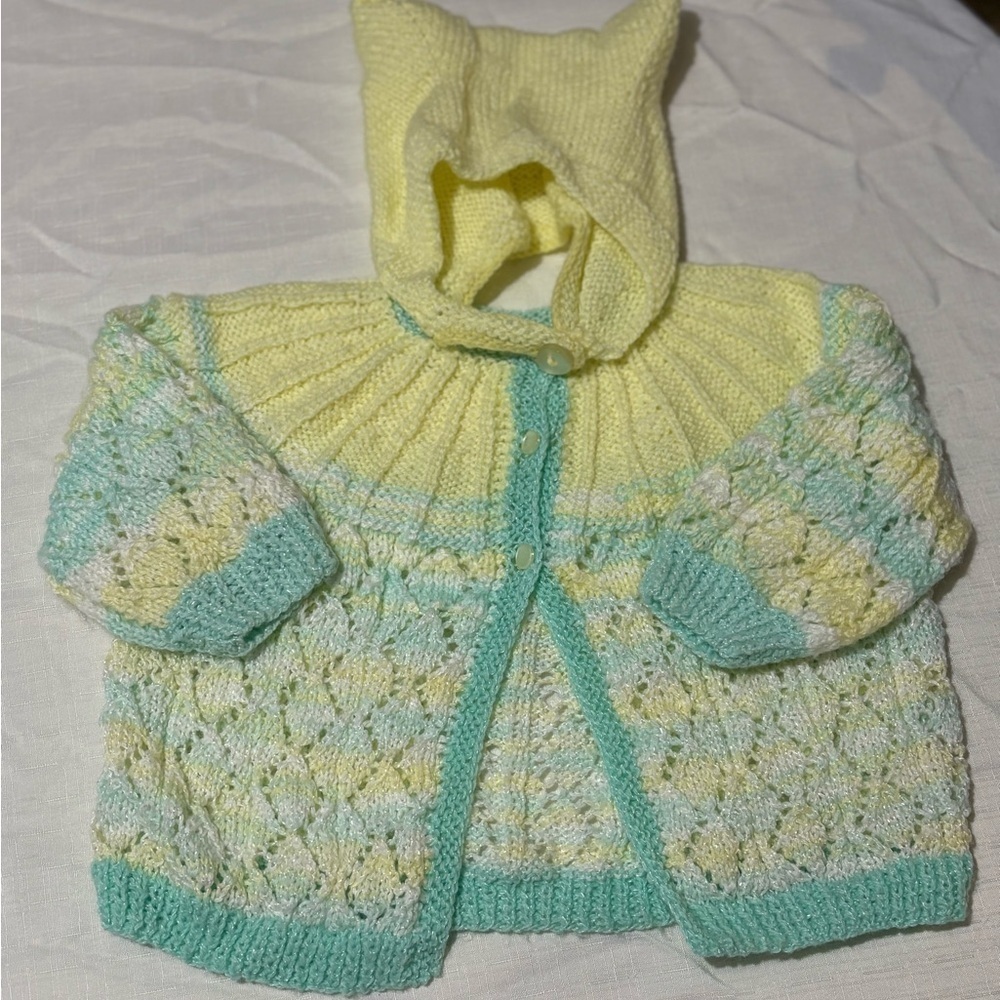Vintage Yellow and Green Knitted Baby Cardigan and Hat